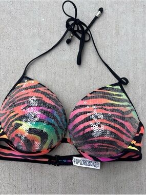 PINK Victoria's Secret Neon Zebra Sequin Halter Bikini Top